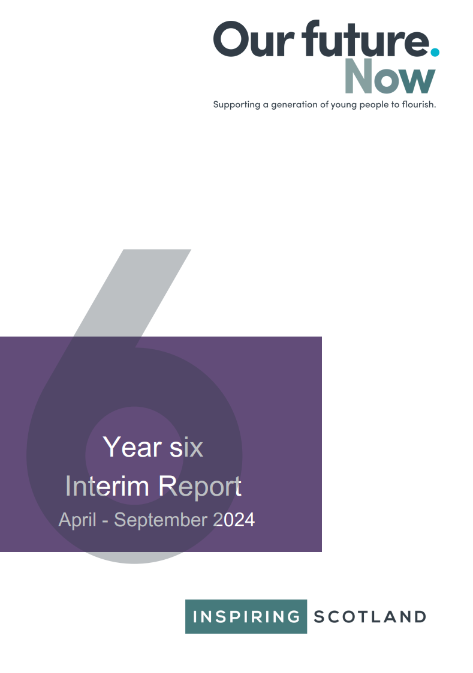 Title page of the report, text on a white and purple background: Our Future Now: Year Six - Interim report August - September 2024. Inspiring Scotland logo at the bottom